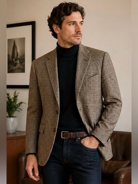 Vintage Brown Houndstooth Wool Blazer Mens 42R Classic Sport Coat Smart Casual